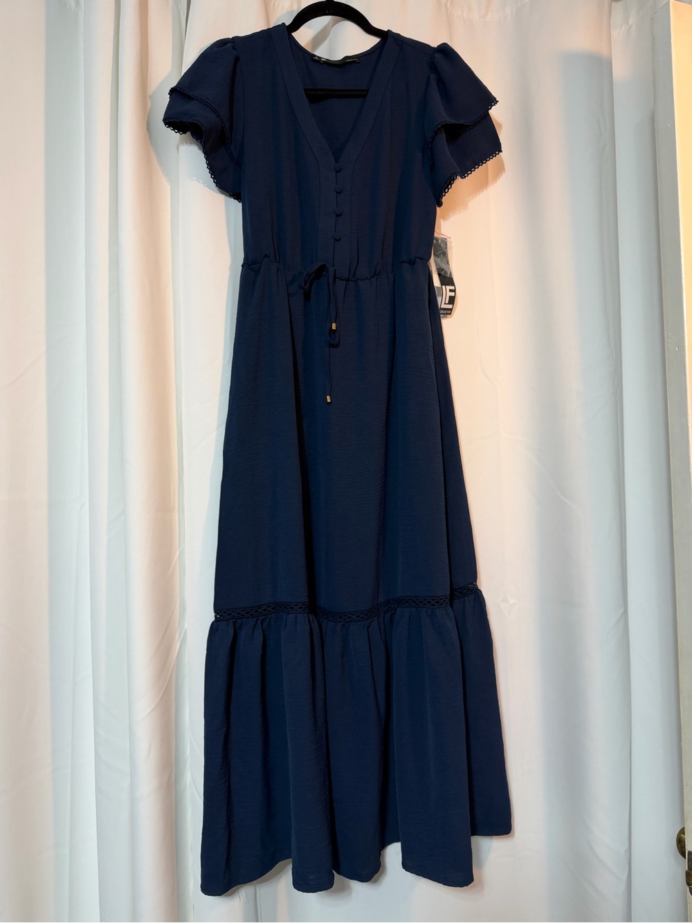 NWT Leslie Fay Navy Maxi Dress with Flutter Sleeves Cottagecore Flounce SZ 4 R2